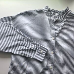 Ann Mashburn Coastal Blue and White Striped Button Up with Frill Collar Detail